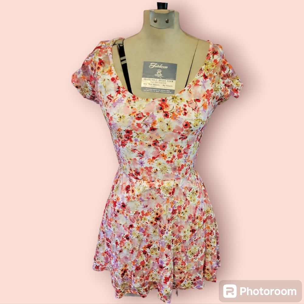 L8ter summer dress white lined floral red, pinks, purple & green crossback